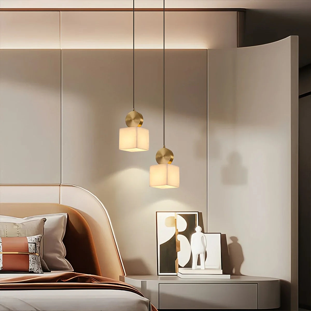 All Copper Geometric Spanish Alabaster Pendant Light Warm Light