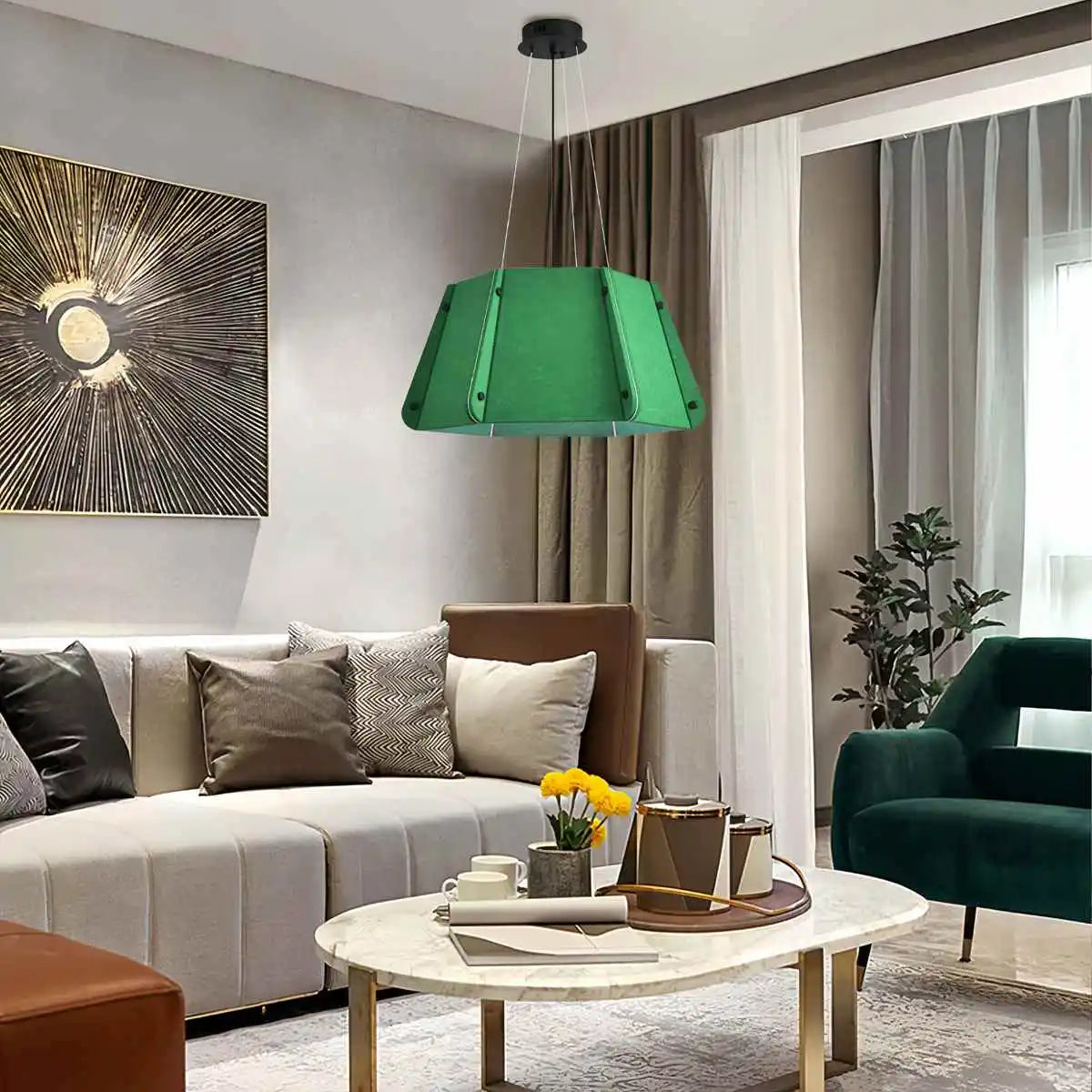 Outward Turning Circular Cone Acoustic Pendant Light Green Warm Light