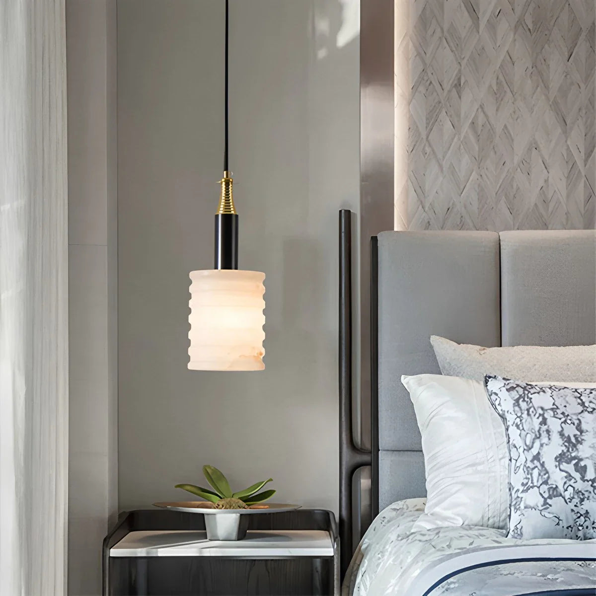 Cylindrical Spanish Alabaster Bedside Pendant Light